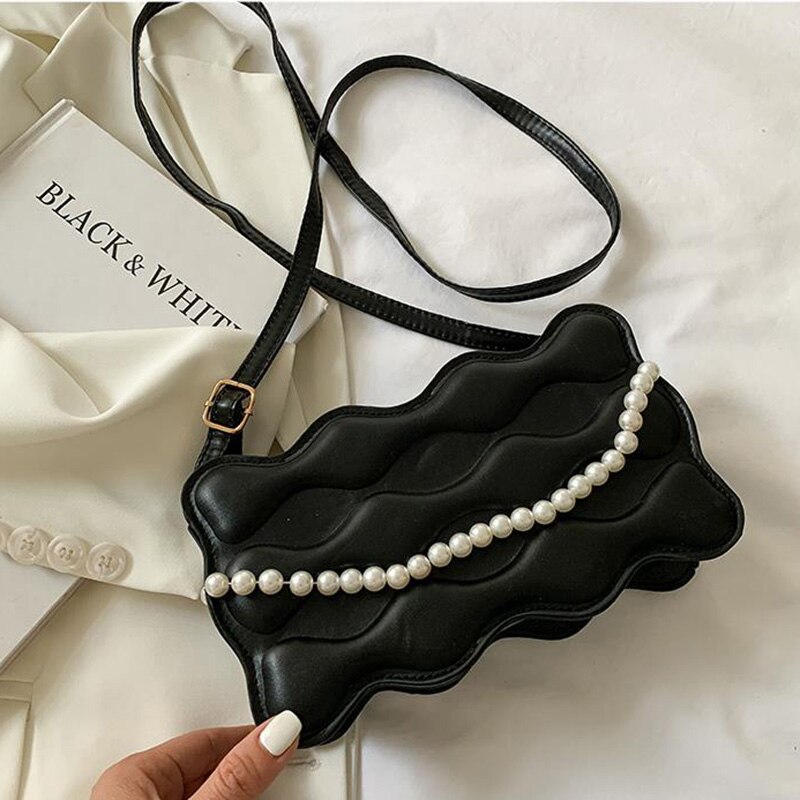 Neue lässig Umhängetaschen für Frauen Schulter Taschen Damen Handtaschen Pu Leder Wellenförmige Perle Kette Bote Taschen: Schwarz