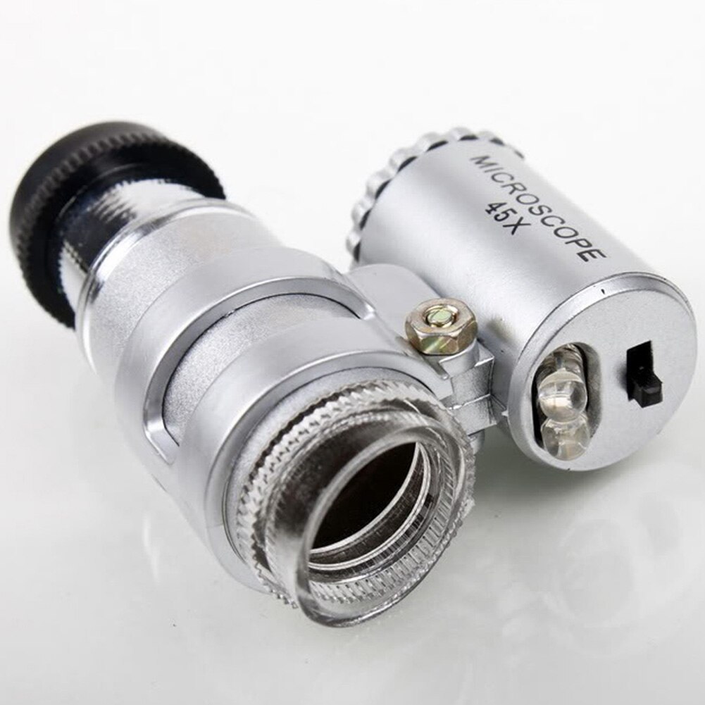 45X 2LED Obiettivo di Vetro Argento Lenti di Ingrandimento Portatile Mini Tasca del Magnifier del gioielliere Lente del Microscopio con la custodia in pelle in PVC per L'industria di stampa