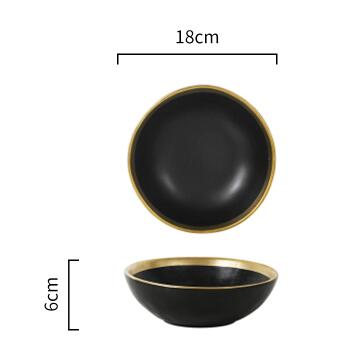 Assiette et bol en céramique à incrustation d'or, collection de vaisselle à bord doré, service de table blanc et noir doré: 600ml black bowl