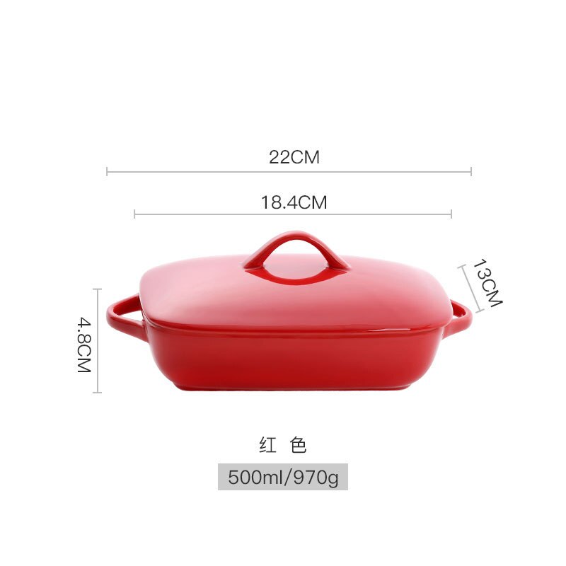 Tableware Plate Rectangle Ceramic Baking Dish Pan With Lid Home Binaural Steak Cheese Grilled Food Bowl Oven Microwave Heating: Red