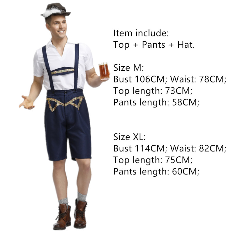 Männer der Oktoberfest Lederhosen mit Hosenträger Hütte Kostümich einstellen Für Mann Party Cosplay Kellner Bauer Spiel Kostümich: Blau / M