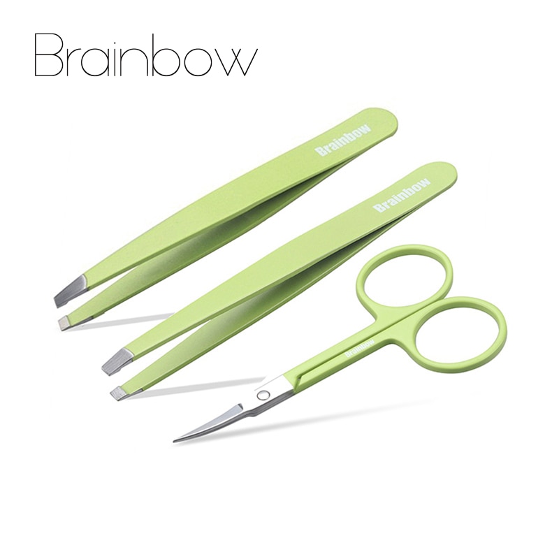 Brainbow 3Pc Professionele Make-Up Tool Set Kit Rvs Slant Platte Wenkbrauw Pincet Eye Ontharing Gebogen Make-Up Schaar