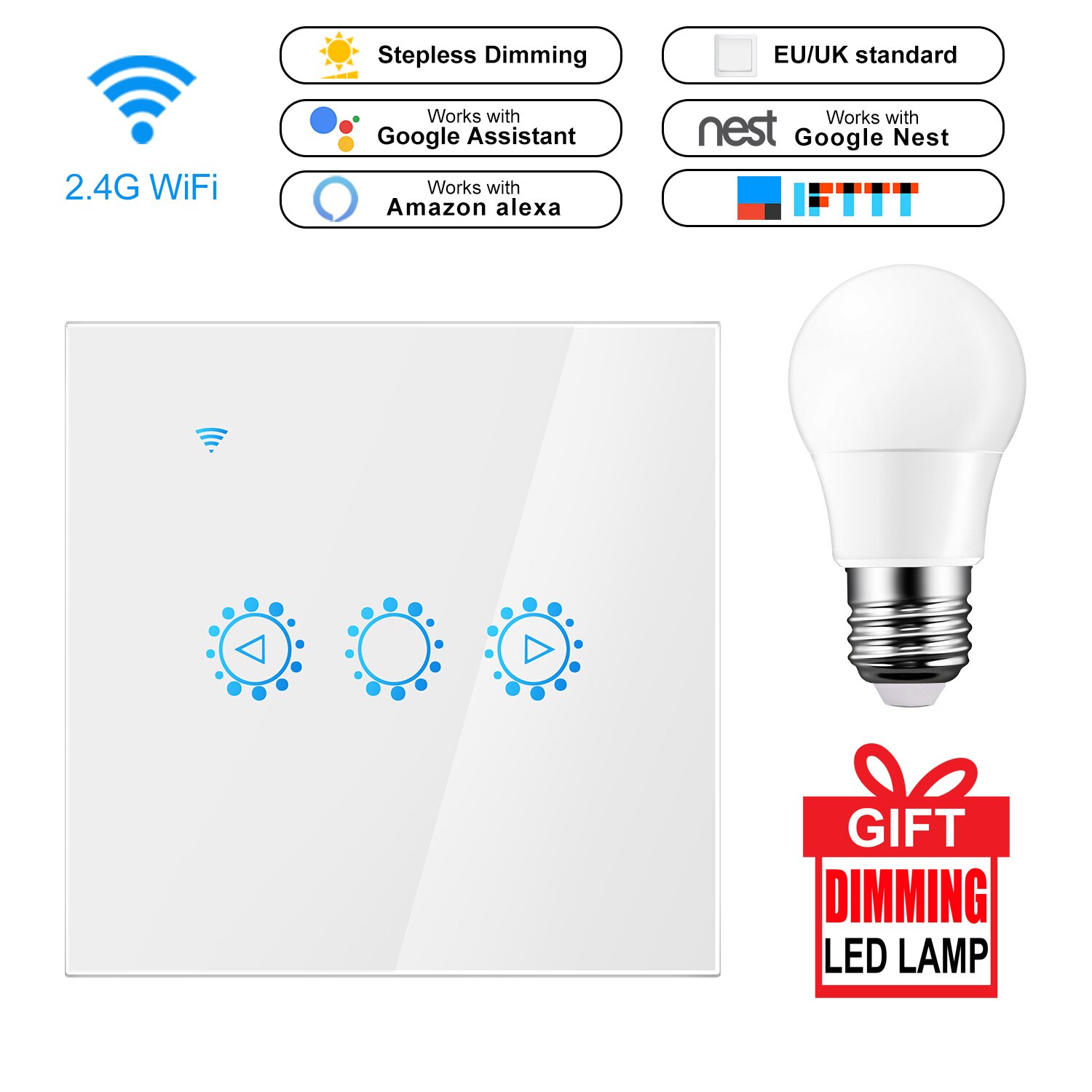 Dimmer Led 220 v Smart Ewelink Wifi interruptor Control táctil atenuador sin pasos con bombilla Compatible con Alexa Google asistente: 220v white