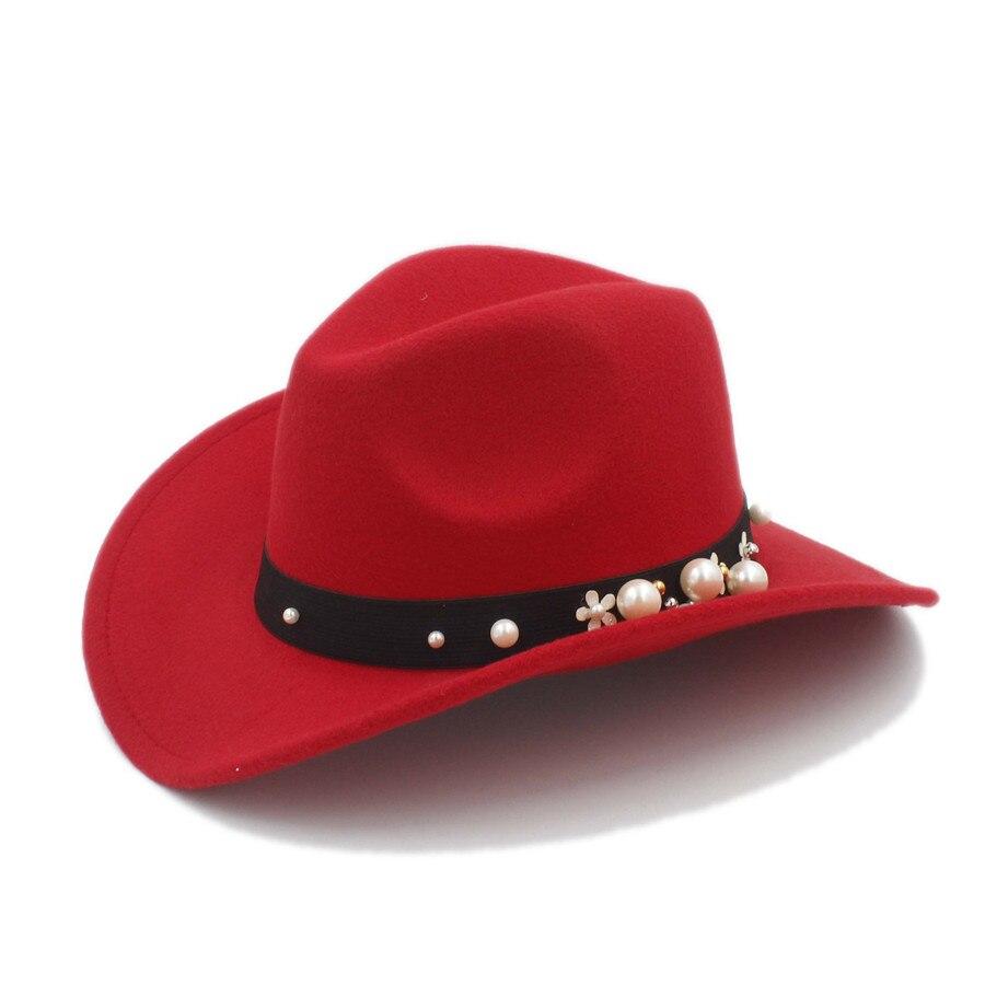 Kvinder chapeu western cowboy hat til dame cowgirl bredskygge jazz kirke kasket cloche sombrero top cap: Rød