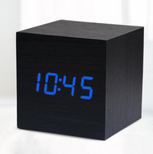 Digitale Thermometer Houten Wekker Alarm Datum Bureauklok Tafel USB Opladen Korte Voice-activated Elektronische Home Decor: black blue