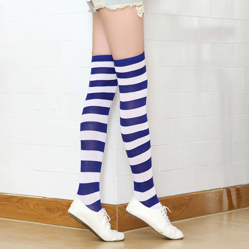 Hoge Kid Meisjes Vrouwen Dij Hoge OVERKNEE Kousen Lange Katoen Polyester Kousen Meisjes Panty Gestreepte Kousen Katoenen Doek: Blue White Striped