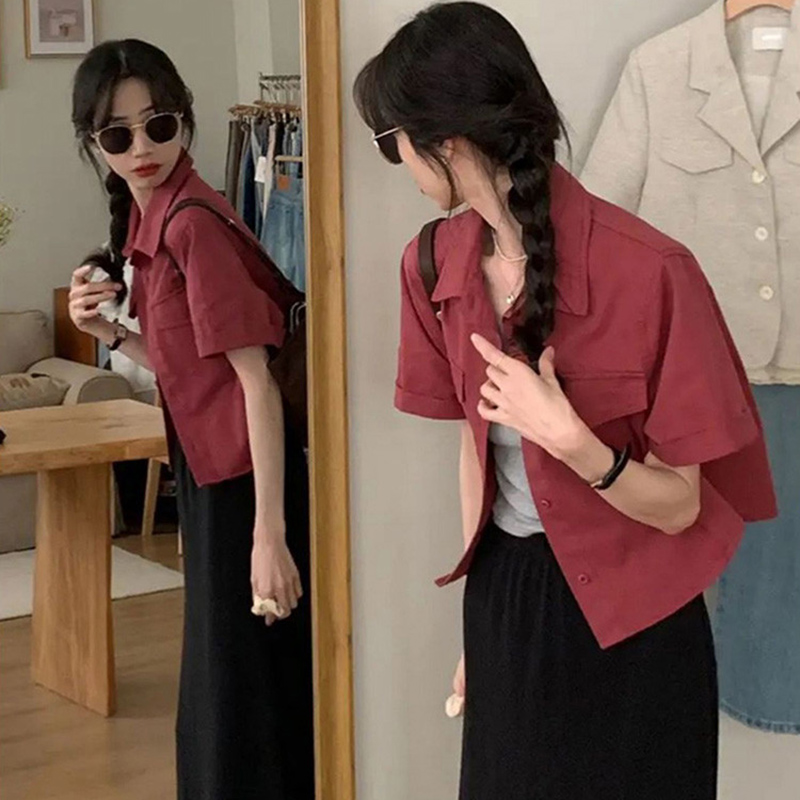Koreanske kortærmede lyserøde skjorter til kvinder sommer løs knappet cropped frakke dame vintage enkel all-match bluse dame