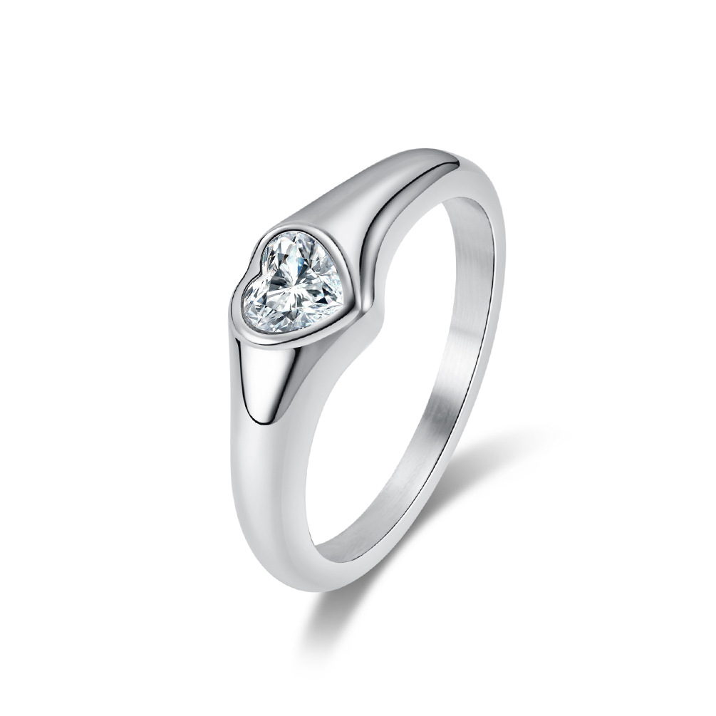 Anillo solitario de acero inoxidable con forma de corazón y circonita cúbica, alianza de boda para mujer y niña, talla 5-10: 8 / Plata