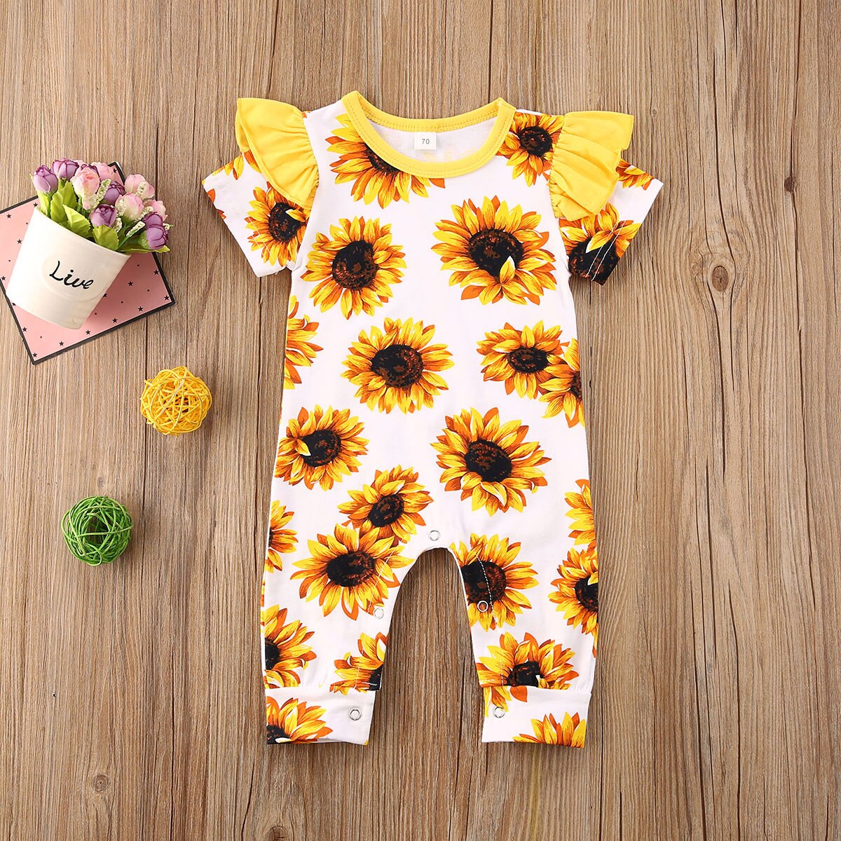 0-18M Nieuw Zomer Baby Meisjes Jongens Rompertjes Hoofdband 2 Stuks Zonnebloemen Print Korte Mouw Jumpsuits Kleding