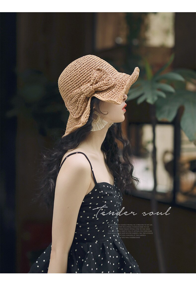 100% Raffia Boog Zonnehoed Brede Rand Floppy Zomer Hoeden Voor Vrouwen Strand Koepel Emmer Hoed Schaduw Hoed