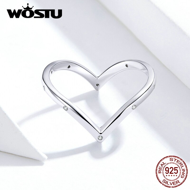 WOSTU Genuine 925 Sterling Silver Love Shape Rings Simple Jewelry For Women Wedding Party Ring CQR622