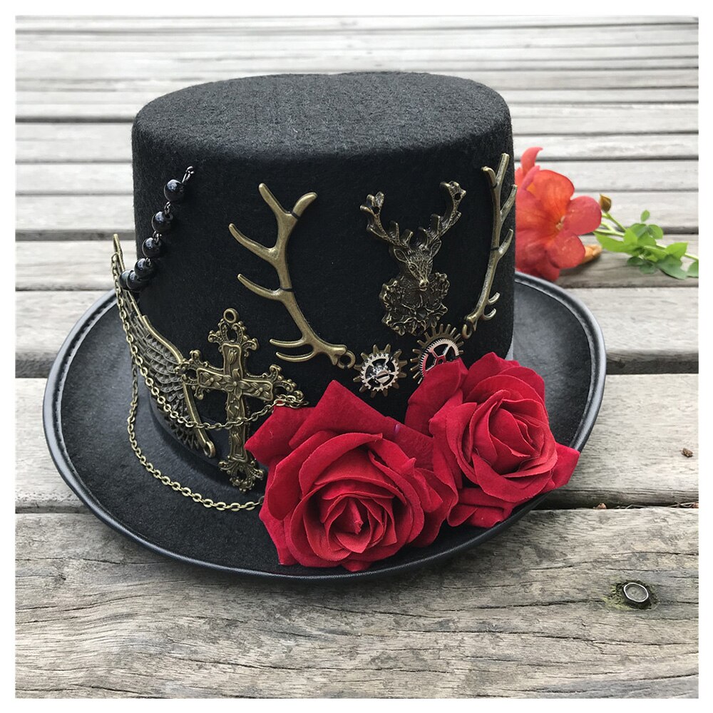 Kvinder håndlavet steampunk top hat med blomster scene magisk hat fest hat størrelse 57cm steampunk hat