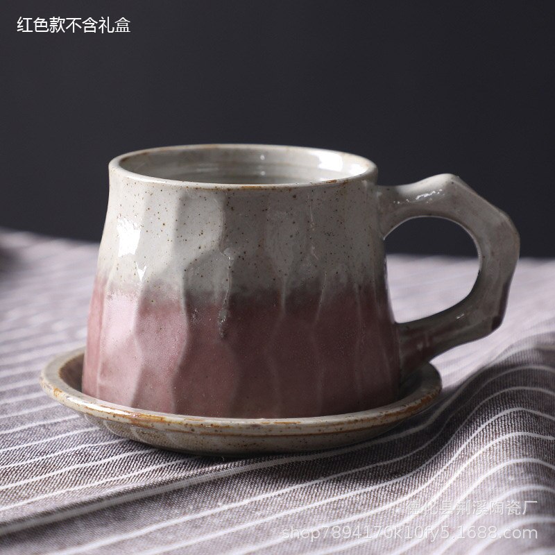 Japansk retro kaffekrus mælk kaffekop praktisk keramisk te øl krus morgenmad kop hjem drinkware med bakke: Rød