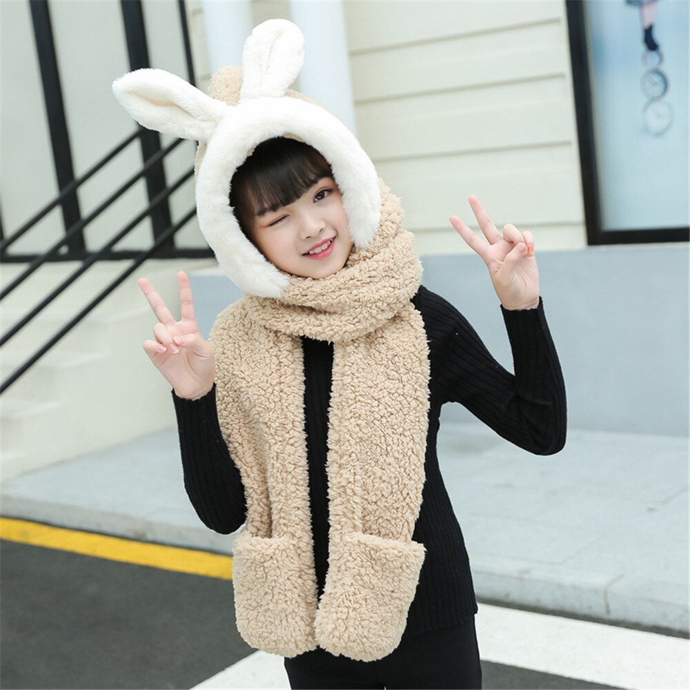 Vinter korean hat handsker tredelt tykkere varm hagesmæk baby plys kanin ører børn tørklæde: 3