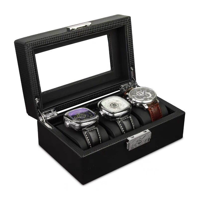 3/6/12 slots kulfiber urboks læder sort ur display box med lås herre ure organizer: 3 sorte