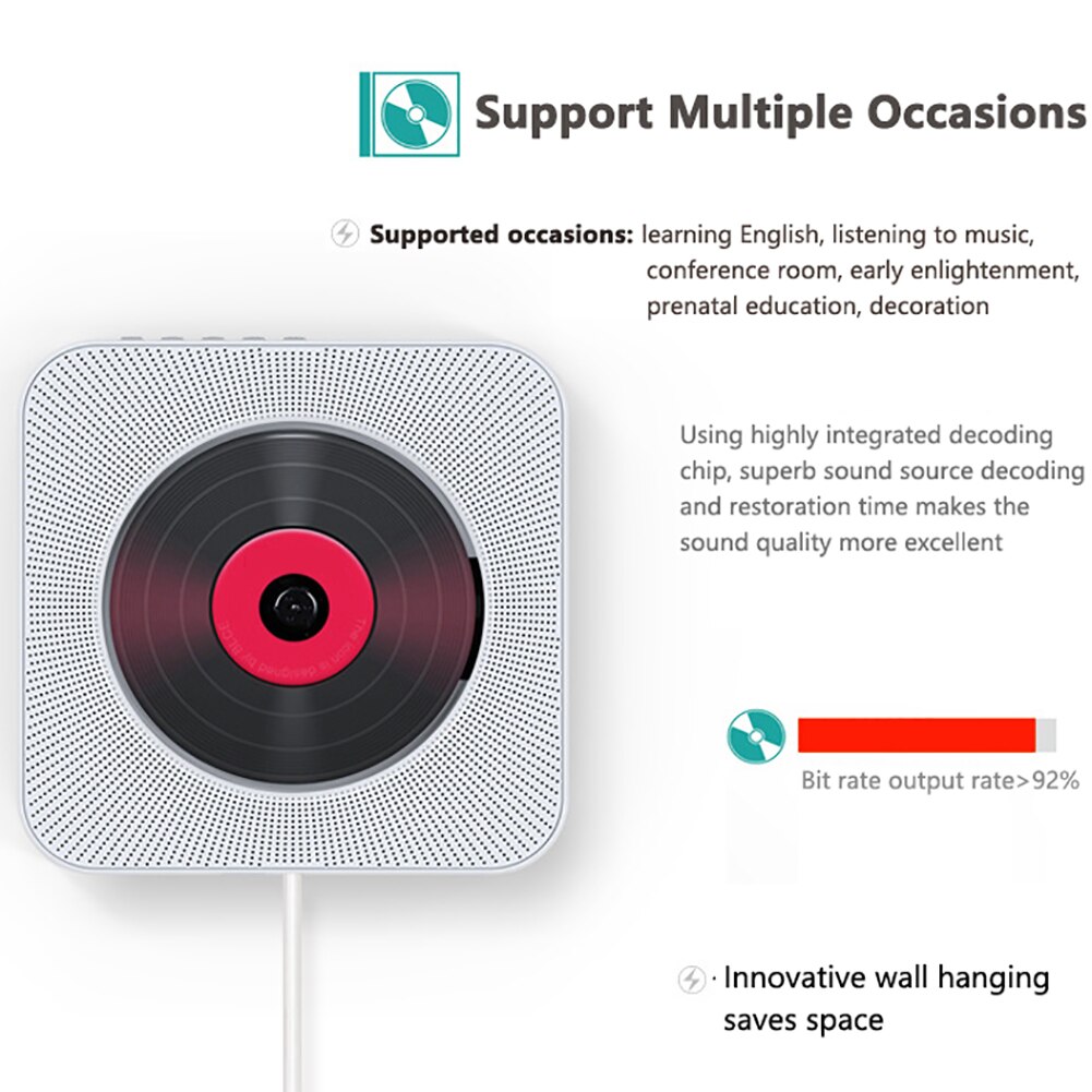 Portable CD Player Music Player Stereo Speaker Wall-mounted Home Bluetooth Audio Boombox FM Radio USB MP3 AUX Input Output