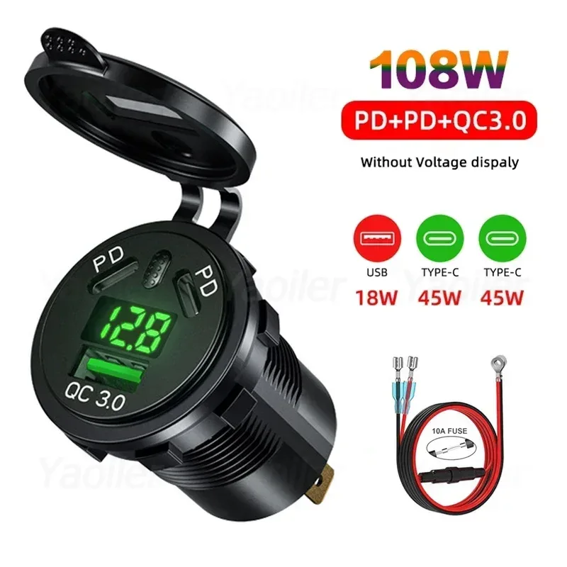 12V/24V USB-Steckdose 108W 3 Häfen Autoladegerät Dual 45W PD Typ C & 18W QC 3.0 USB-Ladegerät für Motorrad-Steckdose Ladeadapter: Gold