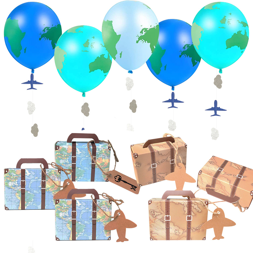 1 Juego de globos con mapa de viaje mundial, maleta, caja de dulces, pancartas de papel para mapa de viaje para niño, decoraciones para de cumpleaños con temática de avión