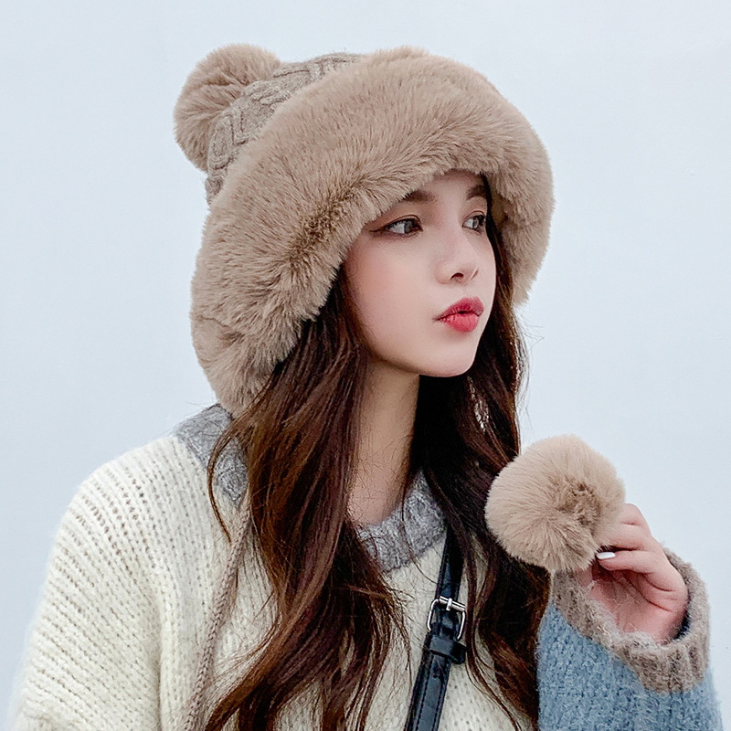 Gorro de nieve grueso con pompones para mujer, gorro cálido de punto, suave, , para esquí, Invierno