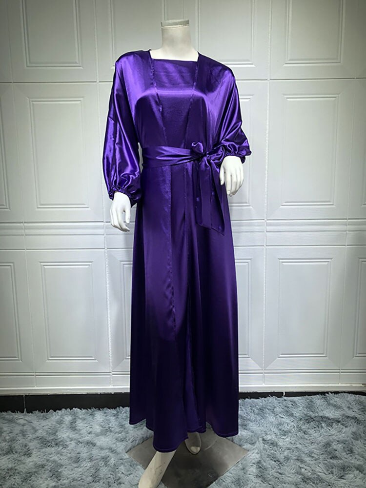 Arabischen 2 stücke Abaya Set Arabisch Kaftan Frauen Seidige Kimono + Sleeveless Langes Kleid Muslimischen Spiel Anzug Dubai Islam Modest outfit Ramadan: purple set no scarf / L
