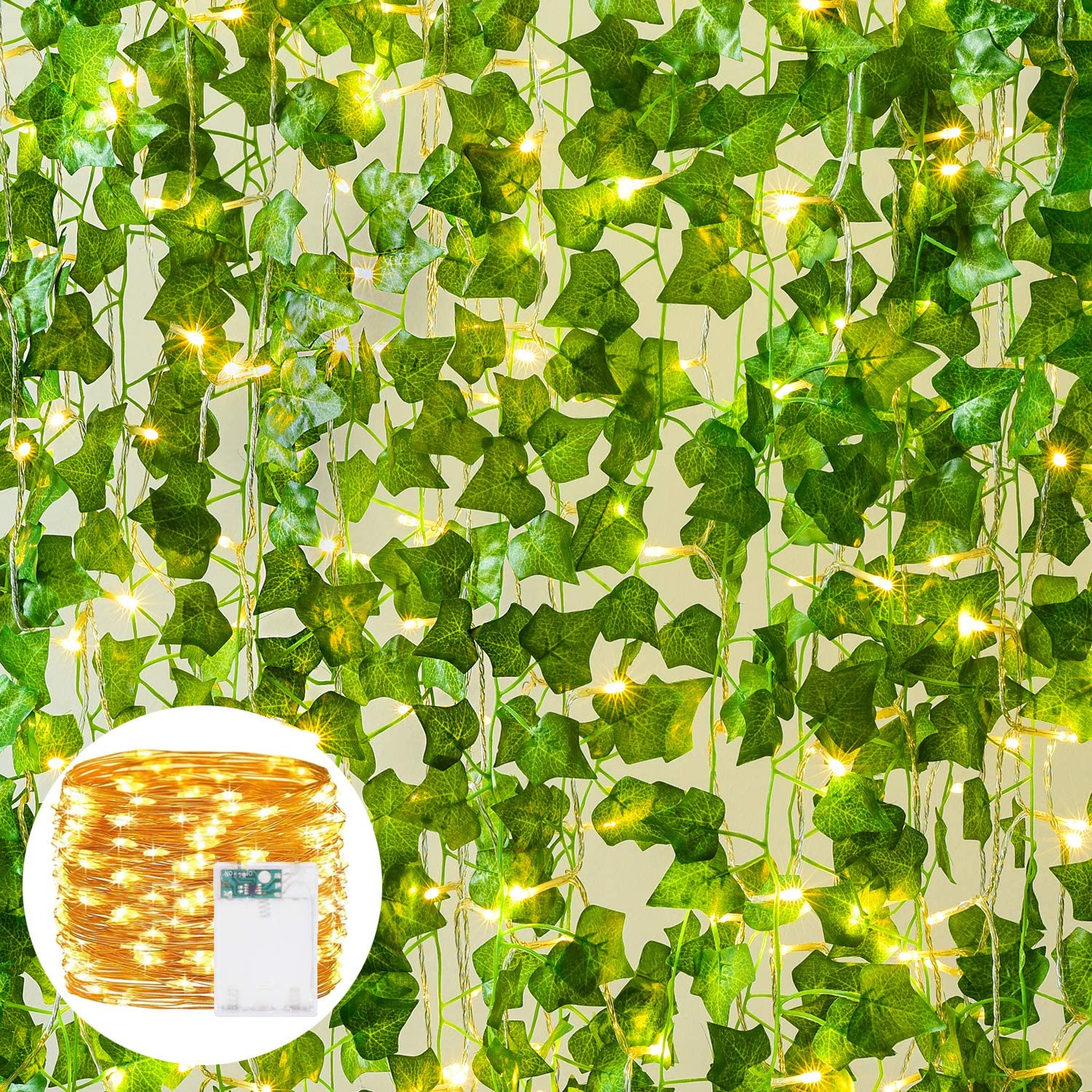 12 Pack Faux Leaf Vines Hanging Ivy Leaf Vine with 100 LED String Lights for Home Kitchen Garden Office Wedding Wall Decorations