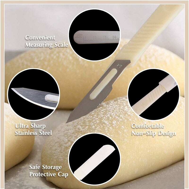 Halt brød, dejknivværktøj med 10 udskiftelige barberblade og læderbeskyttelsesdæksel