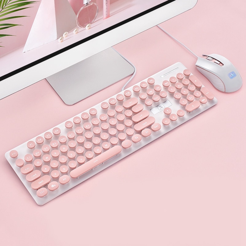 Portable Retro Keyboard Mouse Kit Wired Gaming Keyboard with Round Key Cap Multimedia Button Keyboard Mouse Set,Pink: Default Title