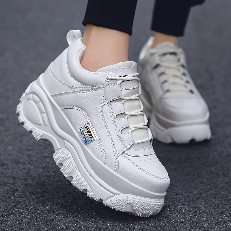 Tyk sål kvinder sneakers læder platform kvindelige fritidssko chunky sneakers efterår vinter kvinder creepers  xu128