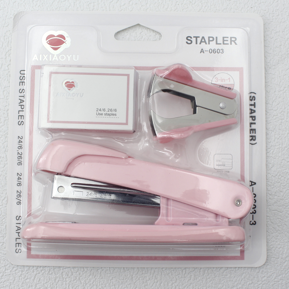 Stapler, staple remover, and staple set - a handy and stylish desktop stapler, perfect for home office use.: Red