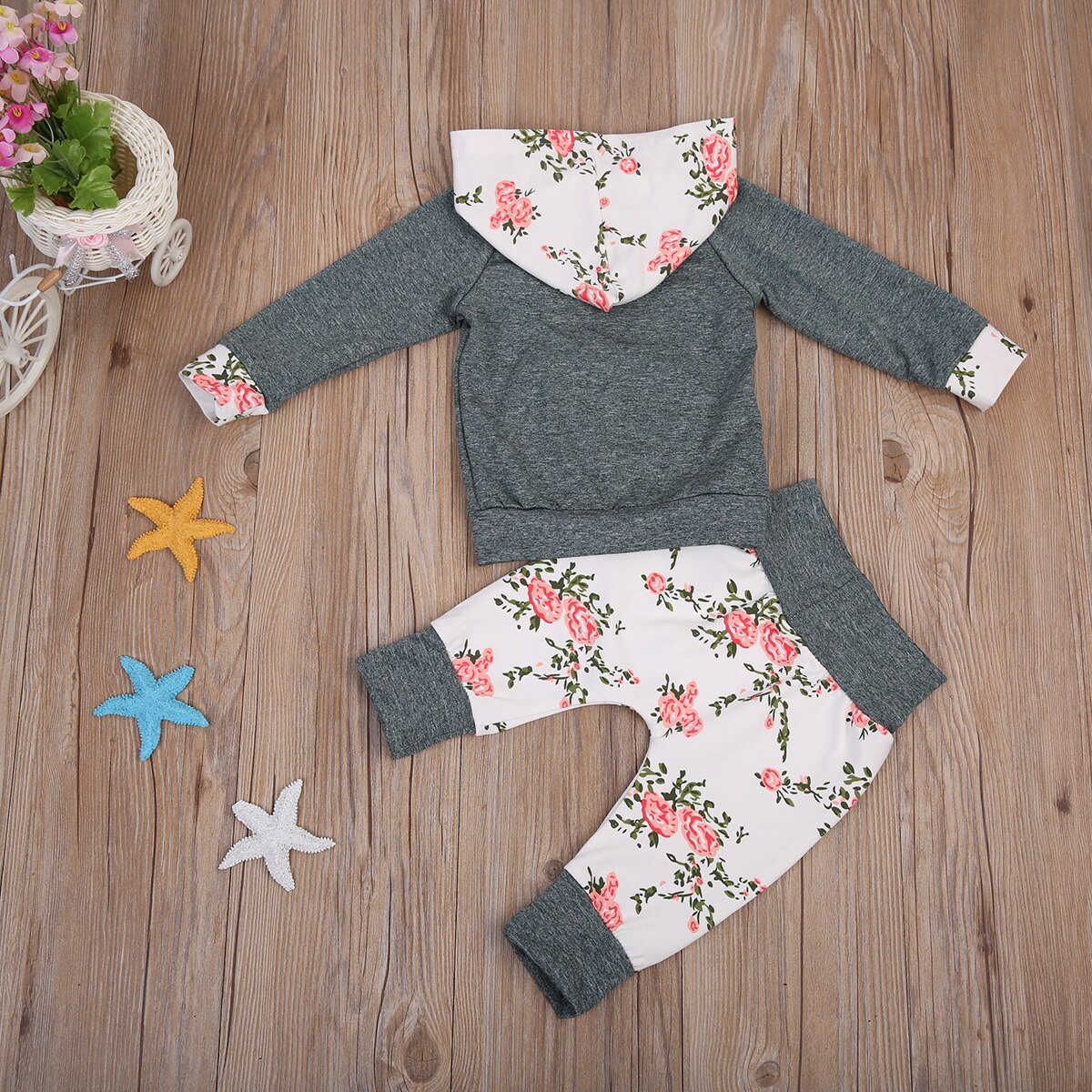 Arrivels Newborn Baby Boy Girl Floral Clothes Long Sleeve Hooded Tops+Floral Long Pants Leggings Outfits Set