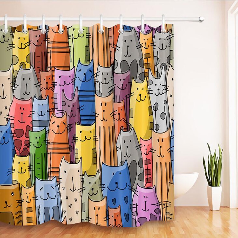 Kleurrijke Kat Gedrukt Bad Waterdicht Gordijn 3D Polyester Stof Douchegordijn met 12 Haken voor Mildewproof Badkamer Decor