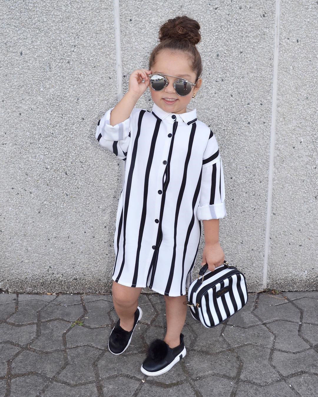 Girl Black White Striped Toddler Kid Dress Autumn Long Sleeve Buttons Shirt Dresses Clothes
