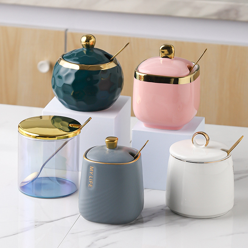 Gold-plated Ceramic Seasoning Jar with Lid Spoon Household Sugar Bowl Chili Box Kitchen Food Container Spice Organizer Rack