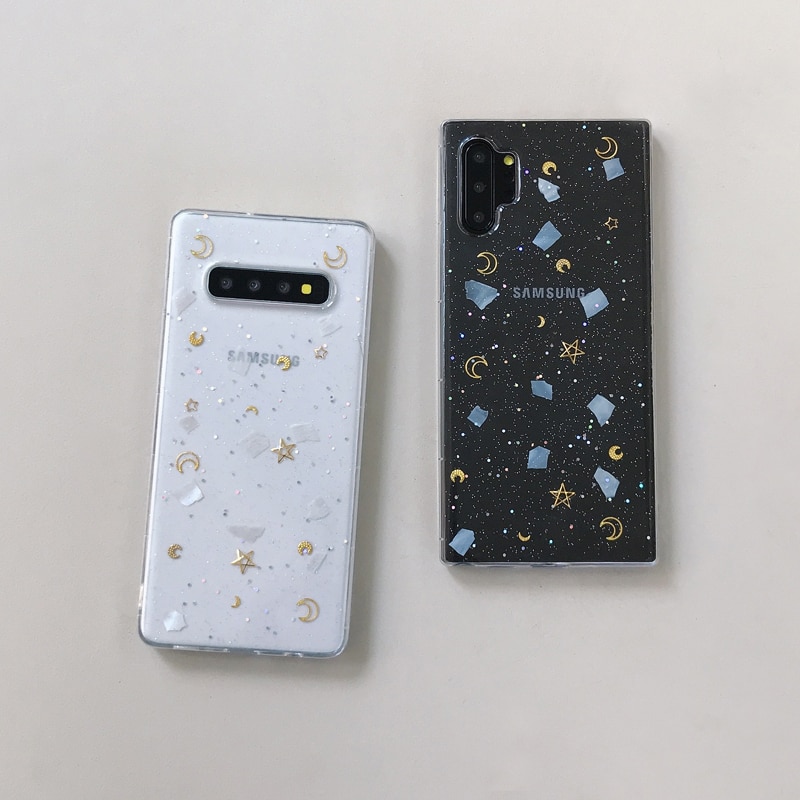 YHBBCASES Für Samsung Galaxy S8 S9 S10 Plus Bling Gold Sterne Mond Klar Weichen Fällen Für Samsung Note 10 8 9 Glitter Pulver Abdeckung