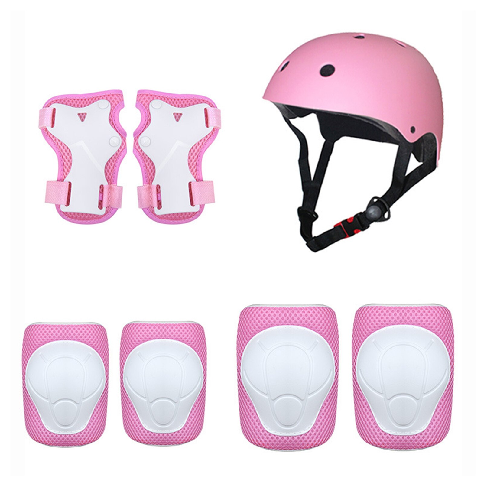Jongens meisjes 7 stuks step fiets rolschaatsen peuter kinderen sport beschermende uitrusting set wandelen verstelbare helm polsbeschermer: Roze