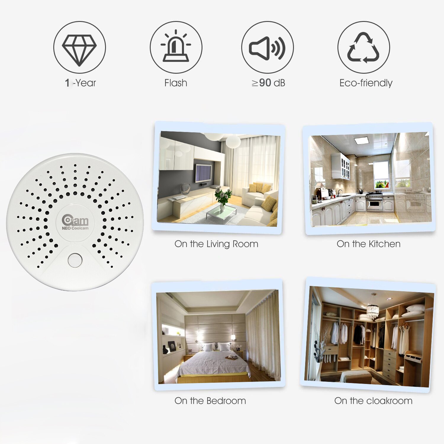 Neo coolcam smart wifi røgalarm alarm detektor sensor batteridrevet trådløs røgalarm