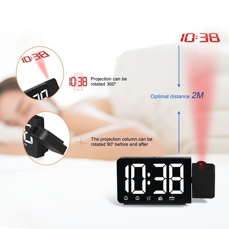 Cyfrowy budzik z projekcją czasu doprowadziło, radiem fm i funkcją drzemki, zegar stołowy z regulowanym oświetleniem i pamięcią czasu