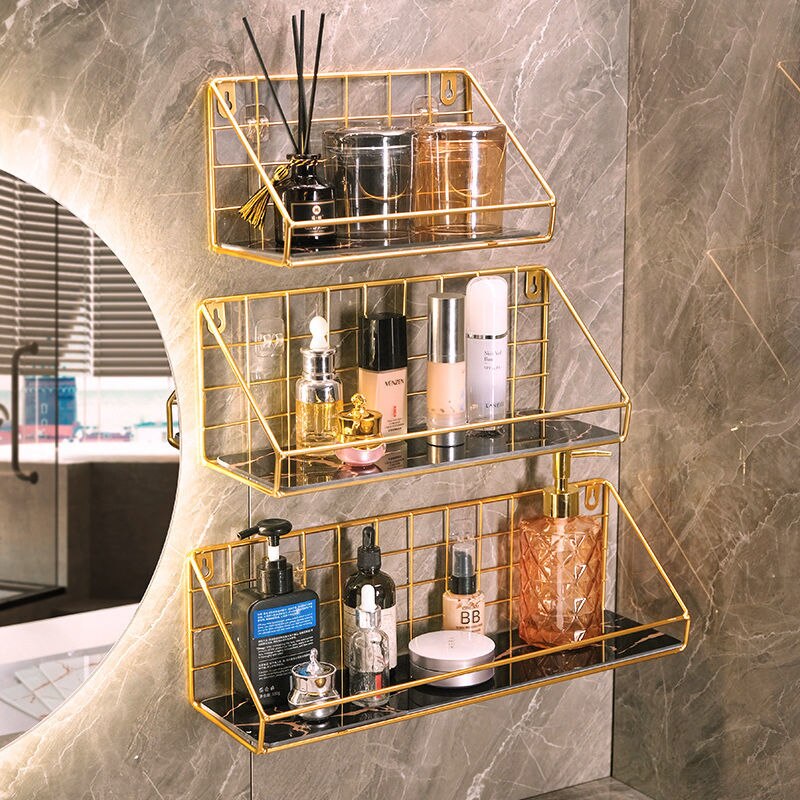 Gold Iron&amp;glass Wall Shelf Organizer Holder Kitchen Supplies Shef Storage Rack Hanging Storage Cabinet Organizer Bathroom Tools