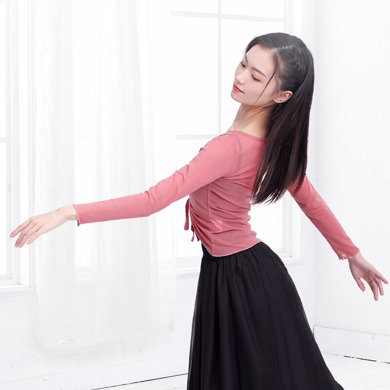 Women Mesh Dance Tops Drawstring Ballet Dance Overall Long Sleeve Adults Teen Girls Dance Tops Transparent Blouse Ballet Outfit