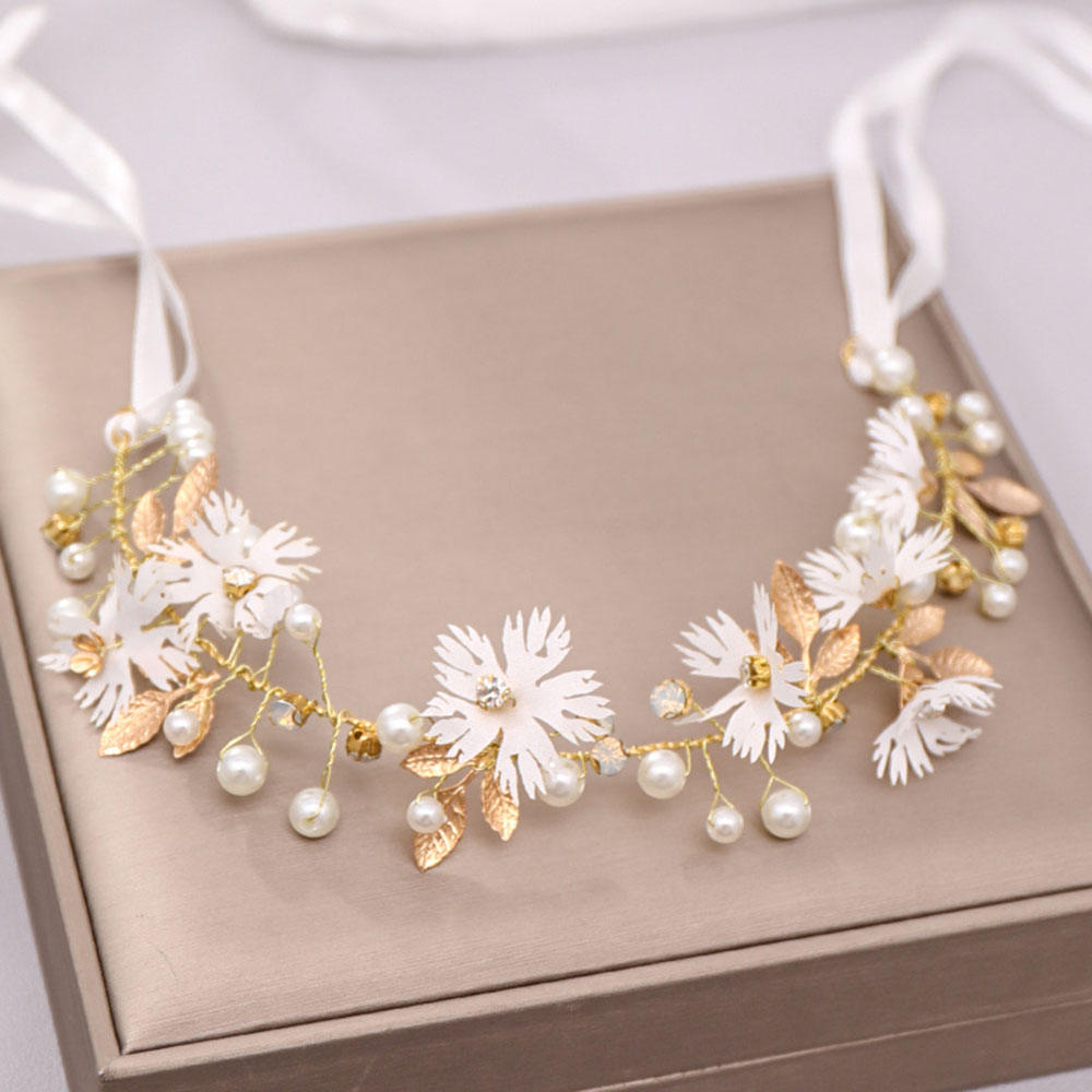 Girls Bridal Headband Imitated Pearl Crowns Girls Bridal Wedding Headband Floral Garland Romantic Flower Headband Girls: SILVER PLATED