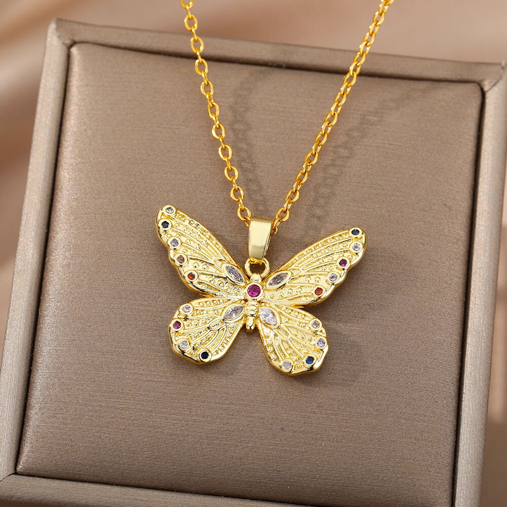 Zirkoon Vlinder Hanger Ketting Voor Vrouwen Rvs Gouden Ketting Kettingen Charm Bling Cz Bruidspaar Esthetische Jewerly: N03619G-1