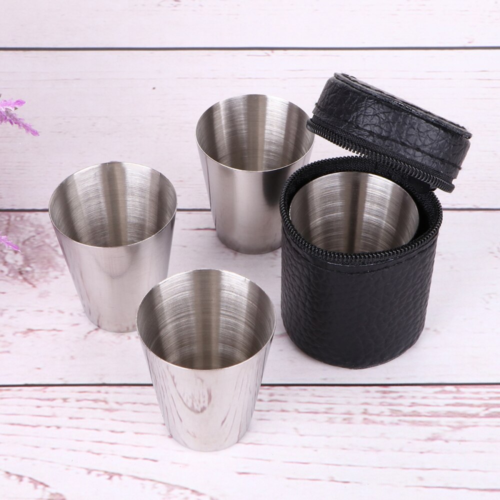 4 Stuks 30Ml Rvs Cups Bier Whiskey Mokken Outdoor Travel Cups Schot Kopjes Drinken Met Zwart Lederen carrying