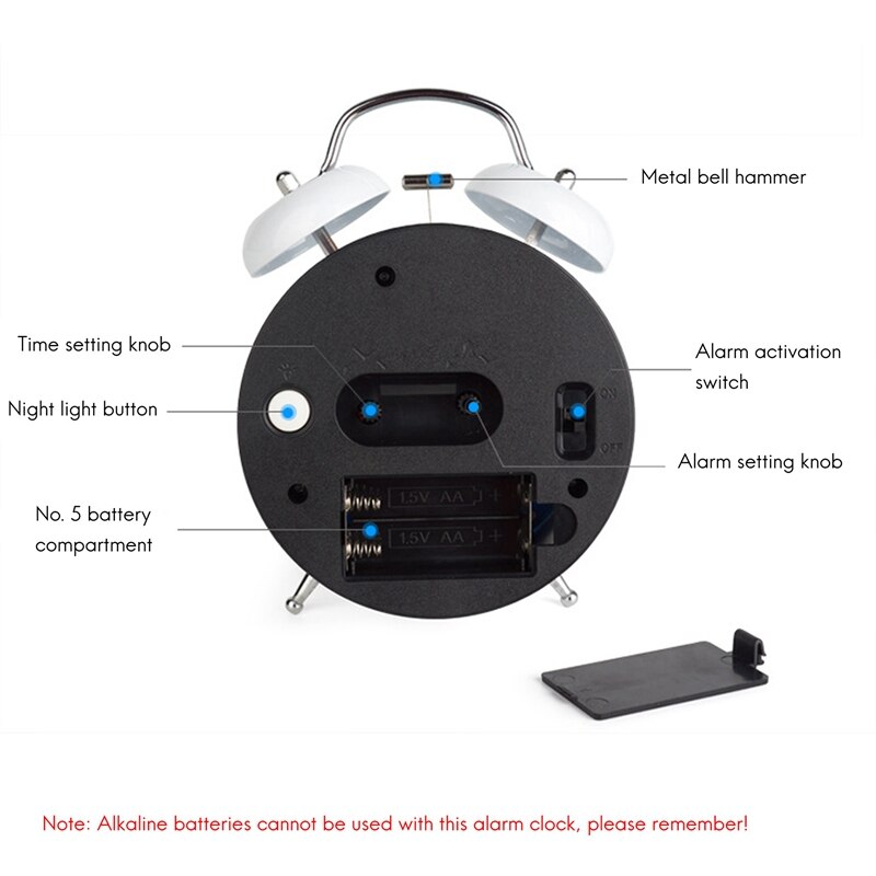 Alarma fuerte para sueño profundo, de 4 pulgadas reloj Retro, alarma de doble campana con retroiluminación para dormitorio y decoración del hogar