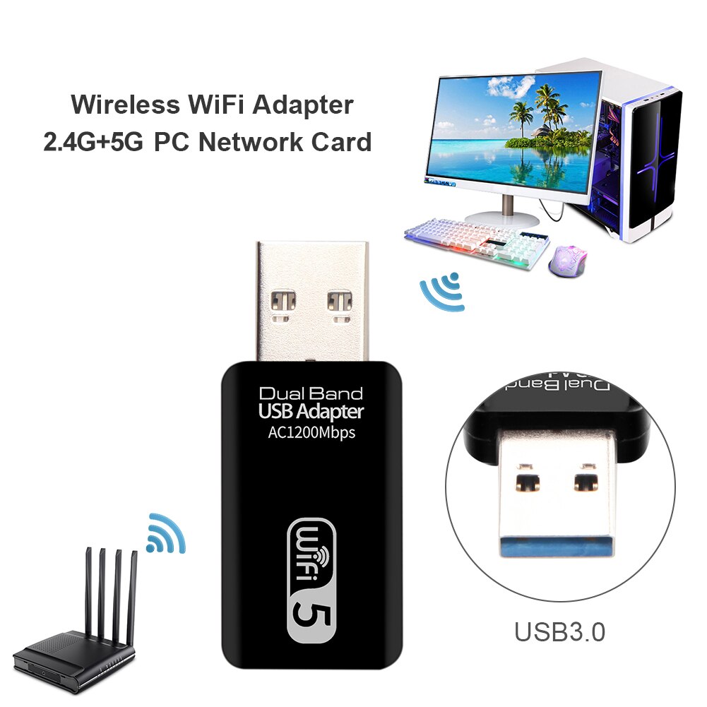 Mini USB Wifi Wireless Network Card 2.4G/5G Dual-Band 1200Mbps wifi Receiver Adapter Dongle for Desktop Laptop