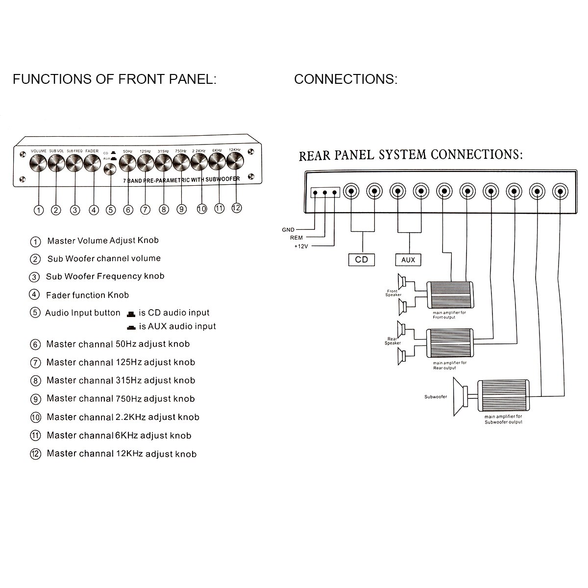 Égaliseur Audio de voiture à 7 bandes, fréquence d&#39;égaliseur réglable, entrée RCA pour appareils portables + sortie Subwoofer