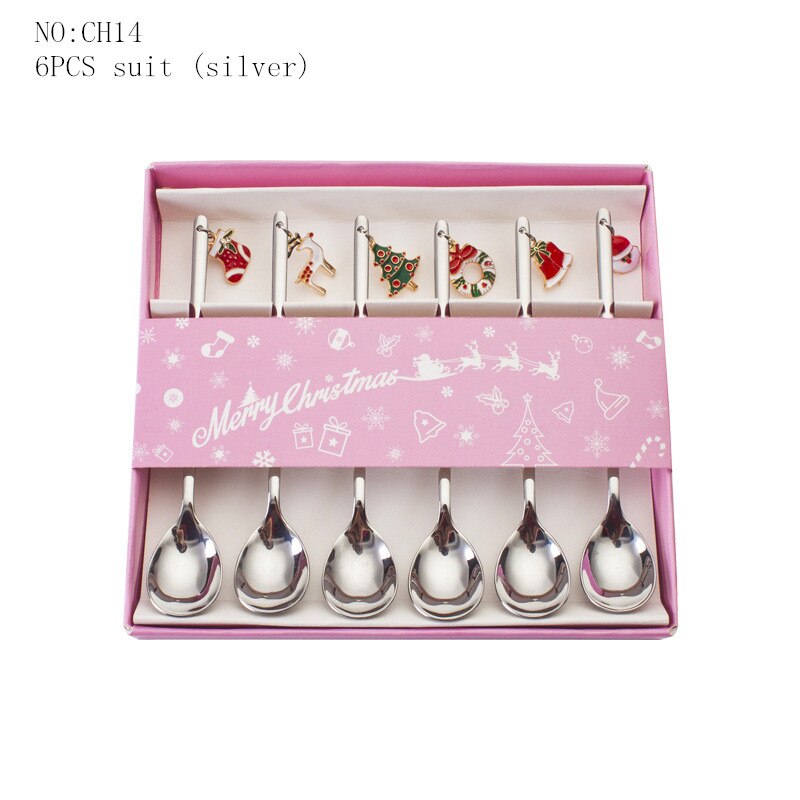 6Pcs Mengen Scoops Koffie Lepel Roestvrij Staal Mengen Roerder Suiker Dessert Ijs Kerst Servies Eetlepels: Zilver