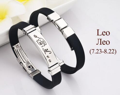 LOULEUR Silicone Zodiac Sign Bracelet for Men Women Stainless Steel Clasps Gemini Scorpio Zodiac Virgo Bracelet Men Jewelry: LEO