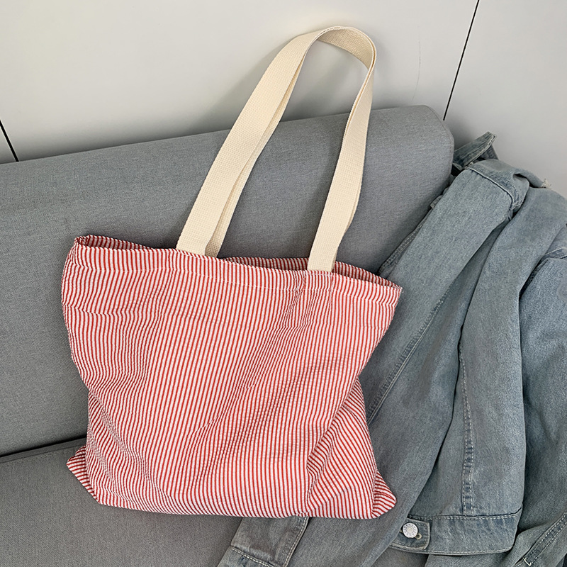 Stripe Contrast Color Women's Canvas Shoulder Bag Large Capacity CollegeBook Tote Zipper Handbags Simple Commuter Shopping Bag: Brown