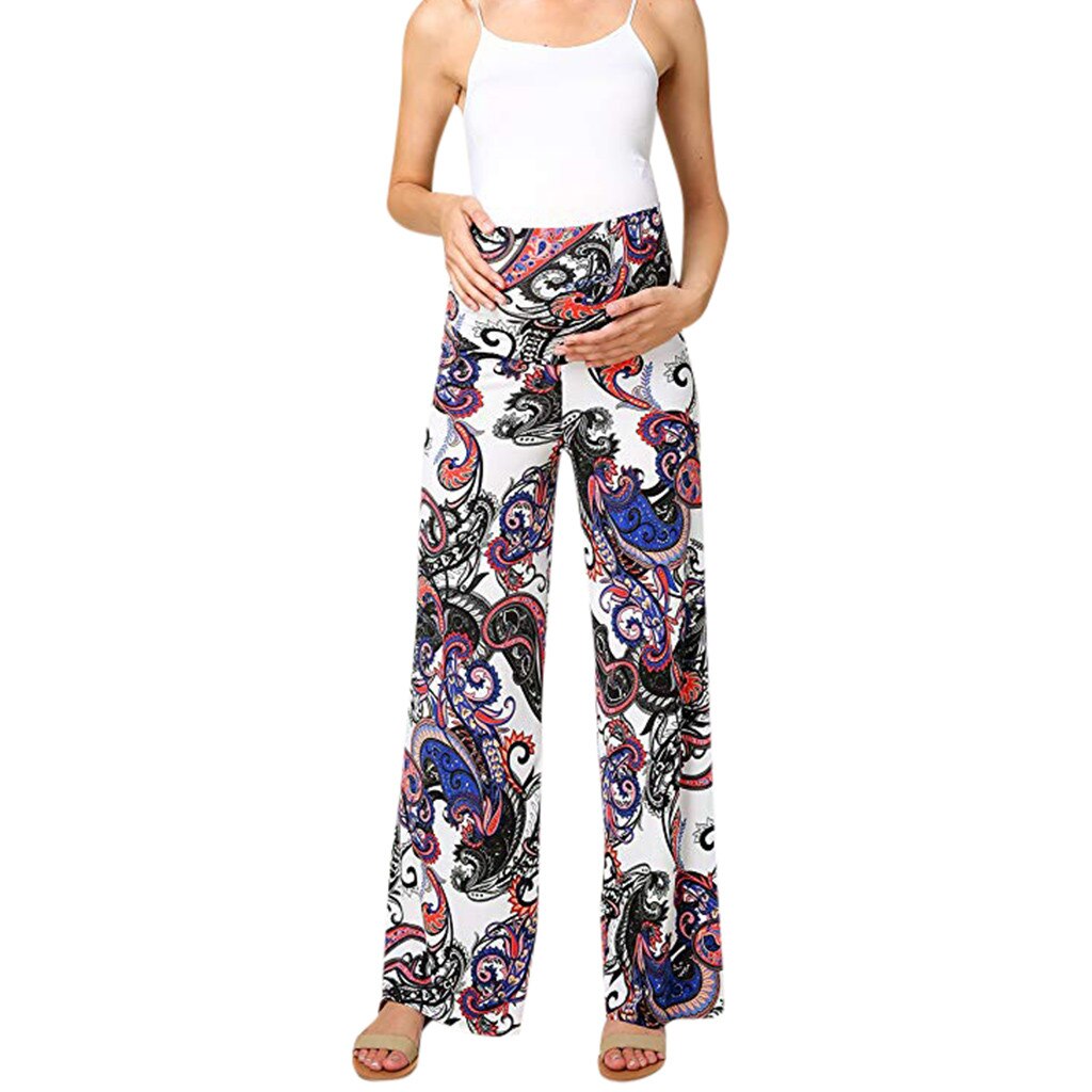 Women's Maternity Pants Wide Straight Lounge Pants Printing Stretch Pregnancy Trousers Loose Wide Leg Pants