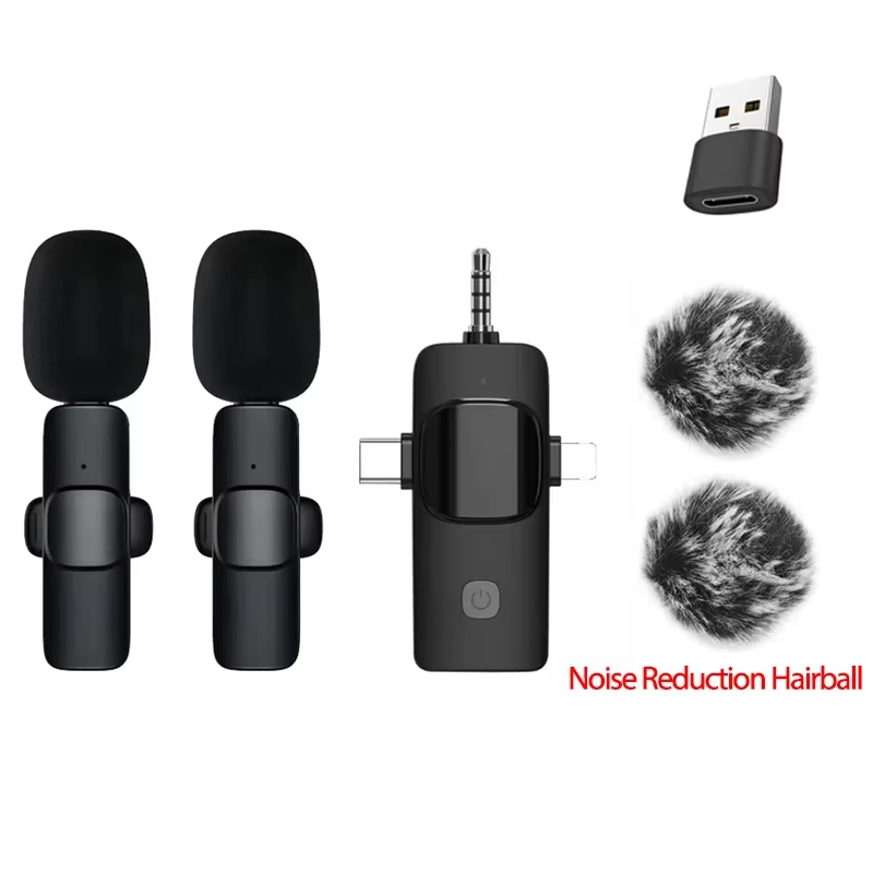 4-in-1 kabelloses Lavalier-Mikrofon für iPhone und Android, 3,5 mm, für Radio, Live-Aufnahme, Rauschunterdrückung, professionelles Mini-Mikrofon: Grau